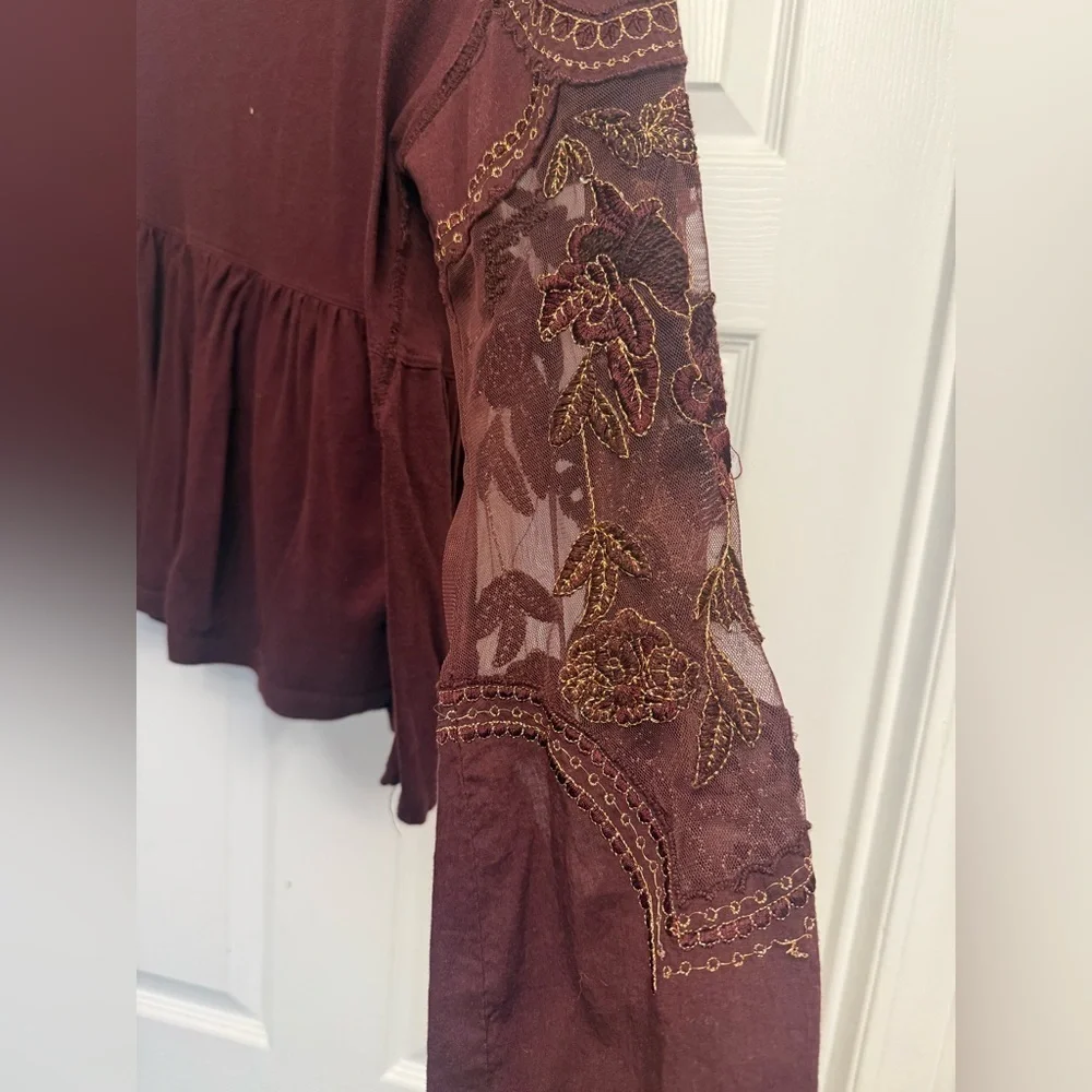 Free People Red Wine Embroidered Penny Tee Mesh Balloon Sleeve Top Size S